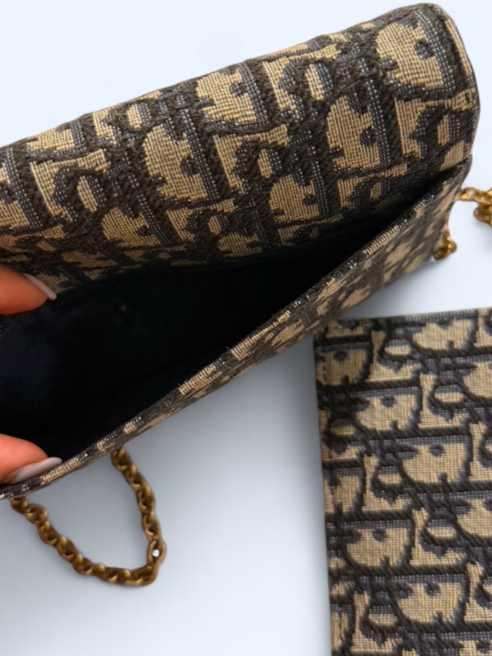 Authentic Dior Monogram Canvas Foldover Clutch in Beige/Black/Navy,Gold Hardware - Picture 7 of 8